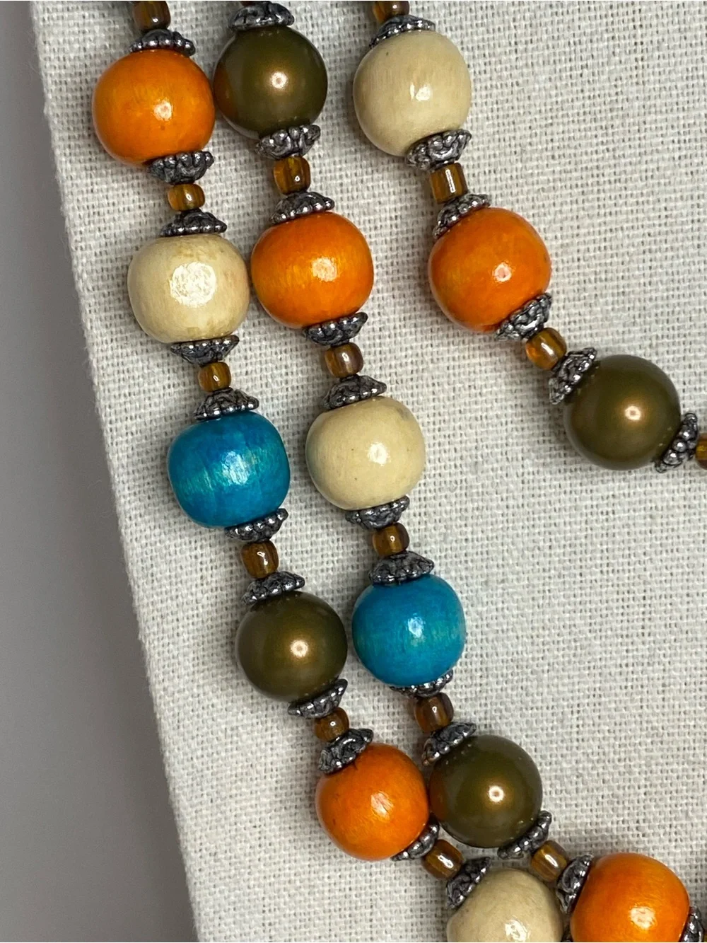 Wood Bead Multi Strand Necklace Boho Orange Blue Green Cream Artisan Handmade